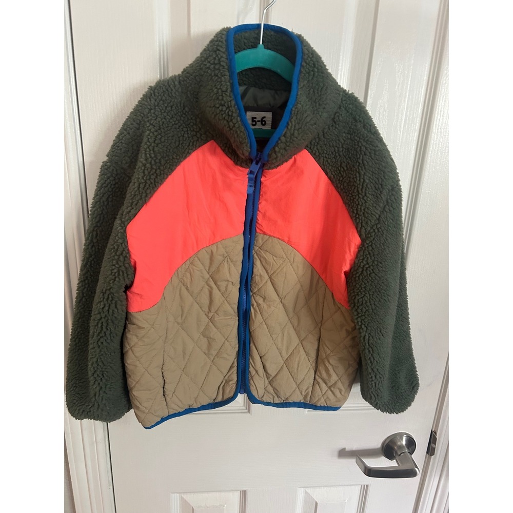 Cotton On Kids Jacket Green Sherpa Quilted Color Block Zip Fleece Coat 5-6